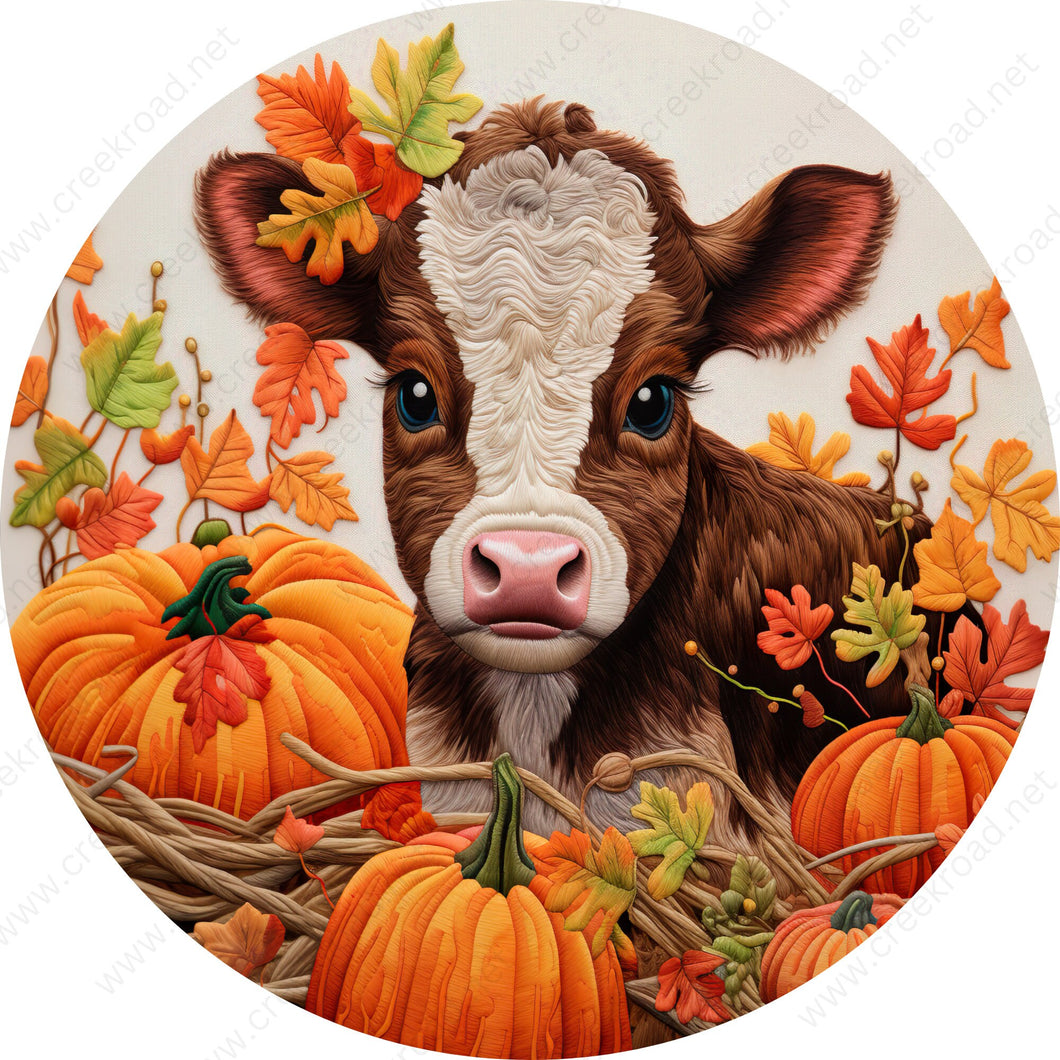 Fall Cow in Pumpkin Patch With Embroidery Apprearance Wreath Sign-Sublimation-Round-Fall-Autumn-Decor