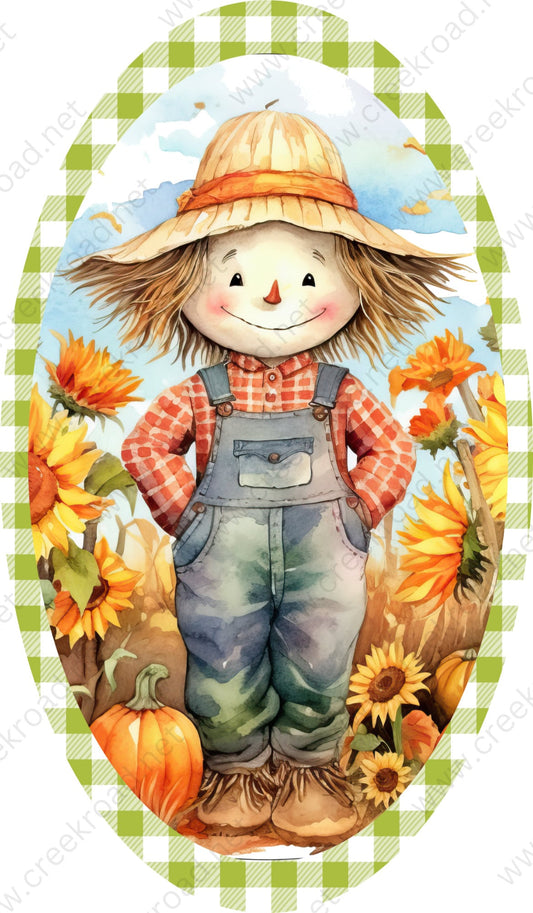 Boy Scarecrow in Sunflower Pumpkin Field Wreath Sign-7"x12" Oval-PICK YOUR BORDER-Sublimation-Round-Fall-Autumn-Decor