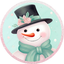 Load image into Gallery viewer, Smiling Snowman with Mint Background Pink Glitter Border Wreath Sign-Sublimation-Round-Chistmas-Winter-Decor
