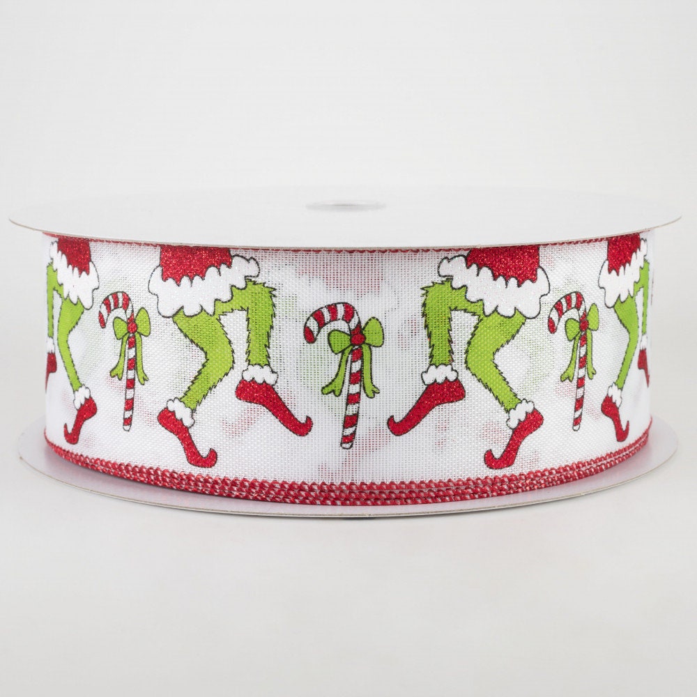 2.5" X 50Yd Wired Ribbon-Green Monster Legs with Candy Cane-871-40-188-Grn/Red/Wht-Christmas