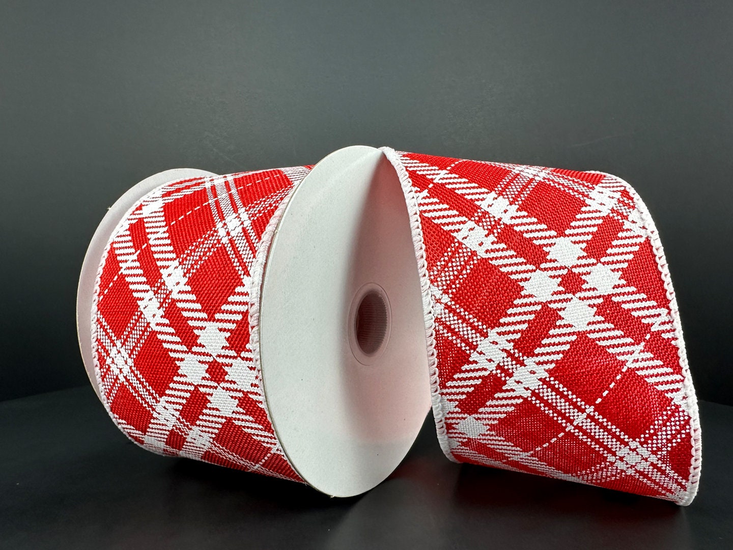 2.5" X 10Yd Wired Ribbon-Red White Line Hazel Diagonal Plaid-71325-40-12-Christmas