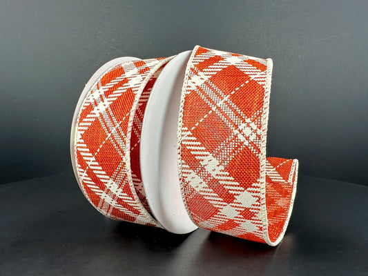 1.5" X 10Yd Wired Ribbon-Orange White Line Hazel Diagonal Plaid-61316-09-19-Fall