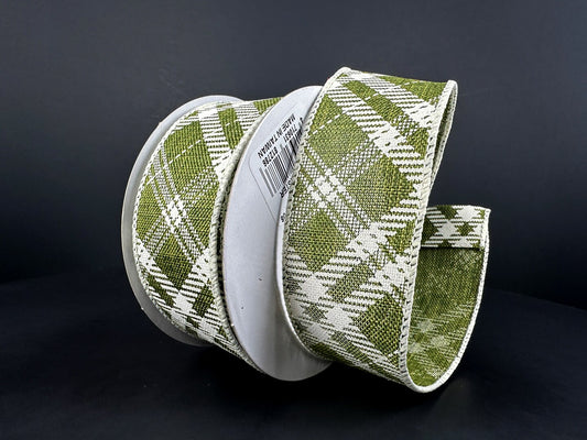 1.5" X 10Yd Wired Ribbon-Moss Green Cream Line Hazel Diagonal Plaid-61316-09-08-Fall