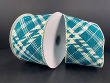 Load image into Gallery viewer, 2.5&quot; X 10Yd Wired Ribbon-Teal Cream Line Hazel Diagonal Plaid-61316-40-33-Fall
