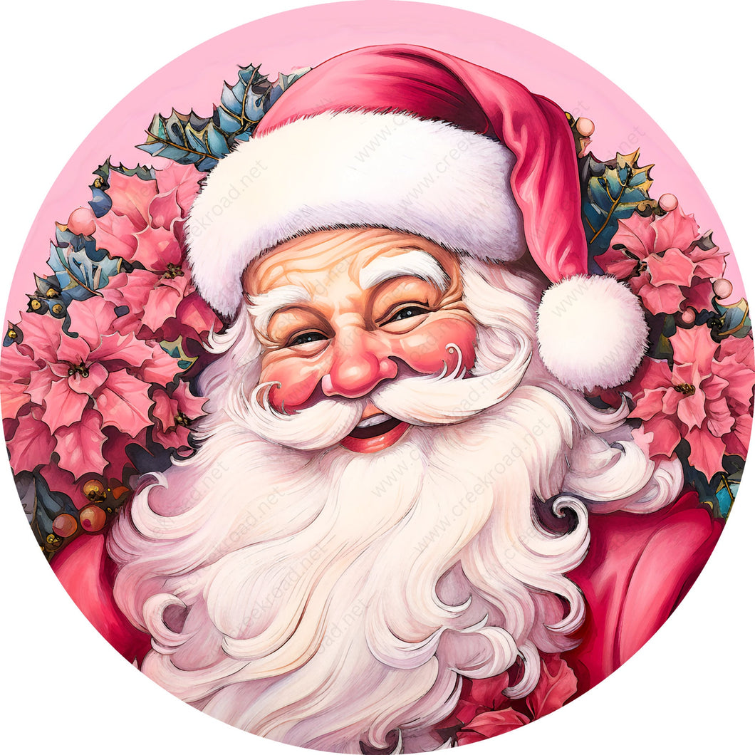 Retro Pink Santa Claus Holly Bush Wreath Sign-Sublimation-Round-Chistmas-Winter-Decor
