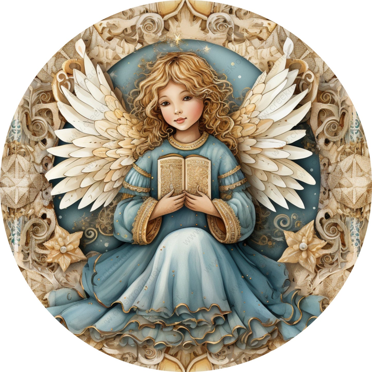 Christmas Angel Blue Gold Dress Wreath Sign-Sublimation-Round-Chistmas-Winter-Decor