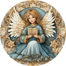 Load image into Gallery viewer, Christmas Angel Blue Gold Dress Wreath Sign-Sublimation-Round-Chistmas-Winter-Decor

