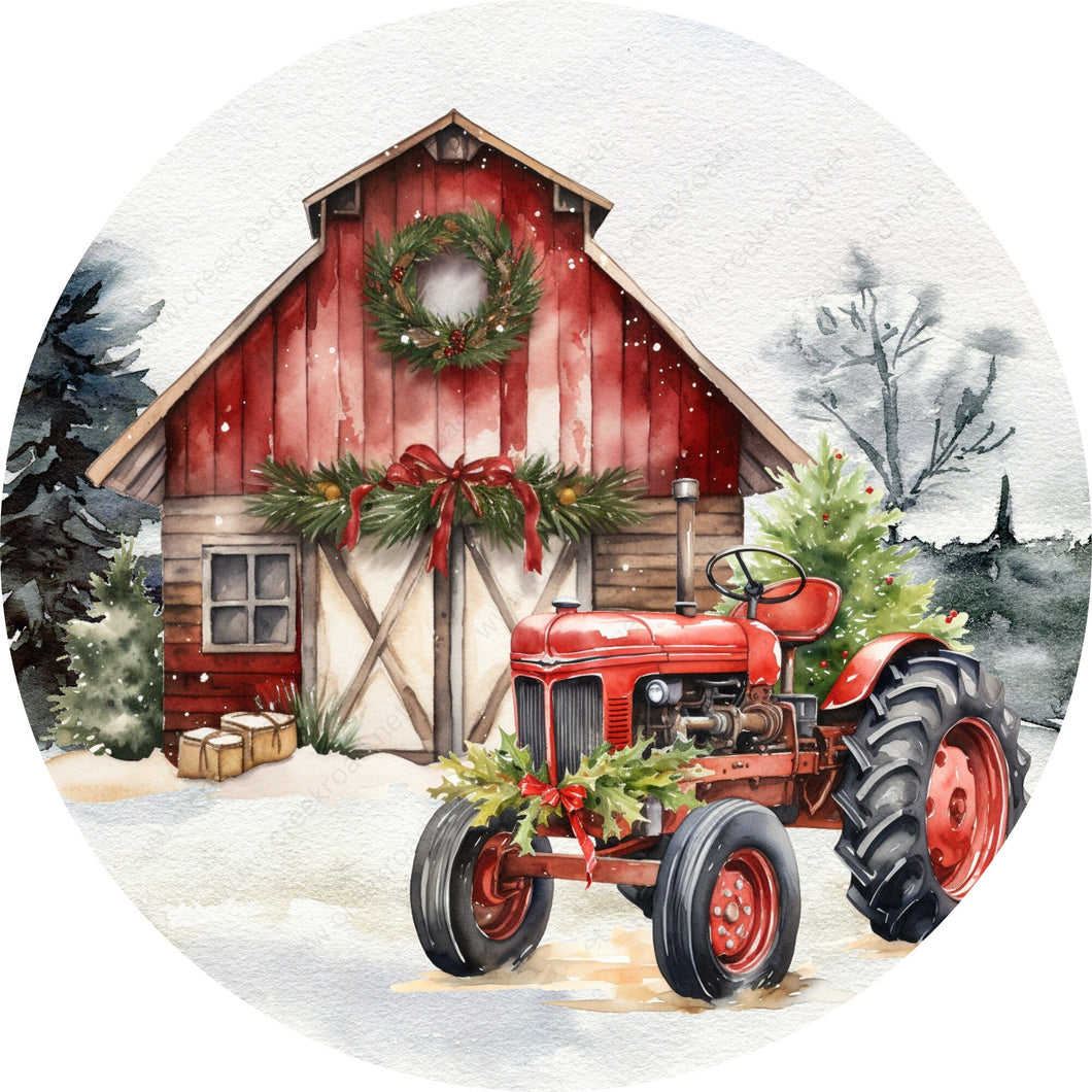 Country Barn Tractor Christmas Decorations Wreath Sign-Sublimation-Round-Chistmas-Winter-Decor