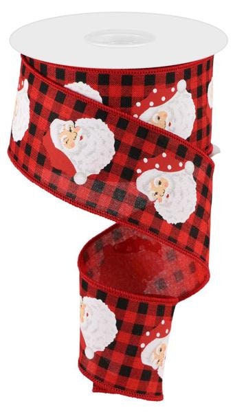 2.5" X 10Yd Wired Ribbon-Vertical Santa Heads/Check-RGC165324-Christmas