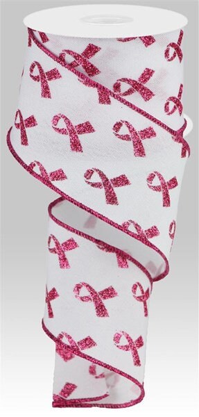 2.5" X 10Yd Wired Ribbon-White Pink Glitter Breast Cancer-RGC109327-Fall