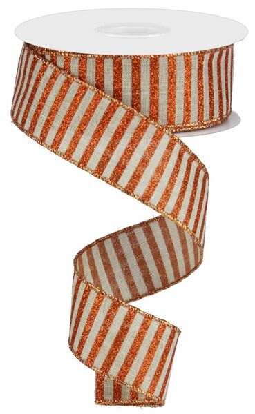 1.5" X 10Yd Wired Ribbon-Natural Bright Orange Glitter Stripe On Royal-RG0169418-Fall