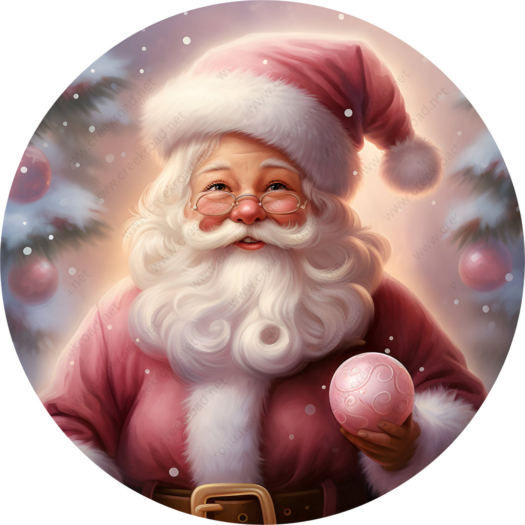 Santa Claus Smiling With Pink Ornament Wreath Sign-Sublimation-PICK YOUR BORDER-Round-Chistmas-Winter-Decor