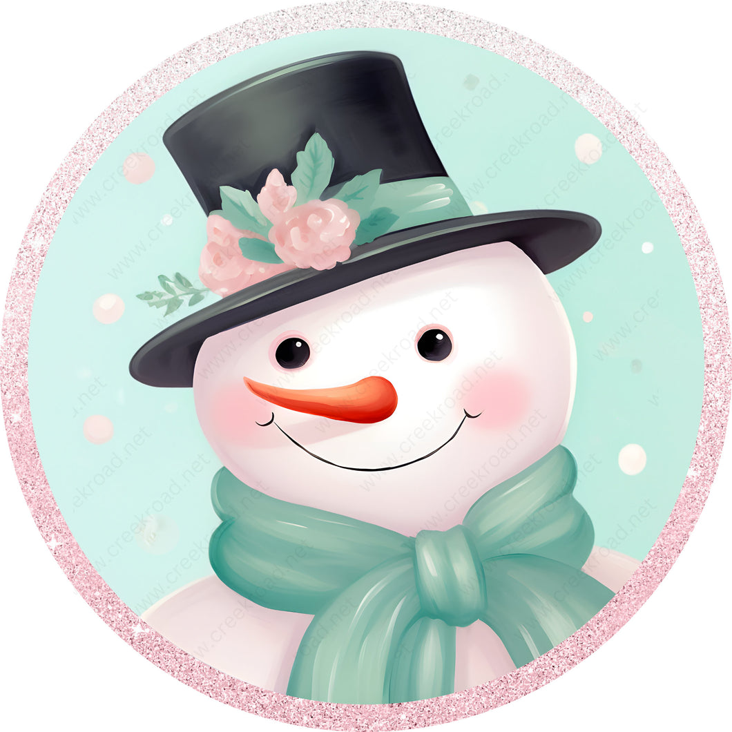 Smiling Snowman with Mint Background Pink Glitter Border Wreath Sign-Sublimation-Round-Chistmas-Winter-Decor