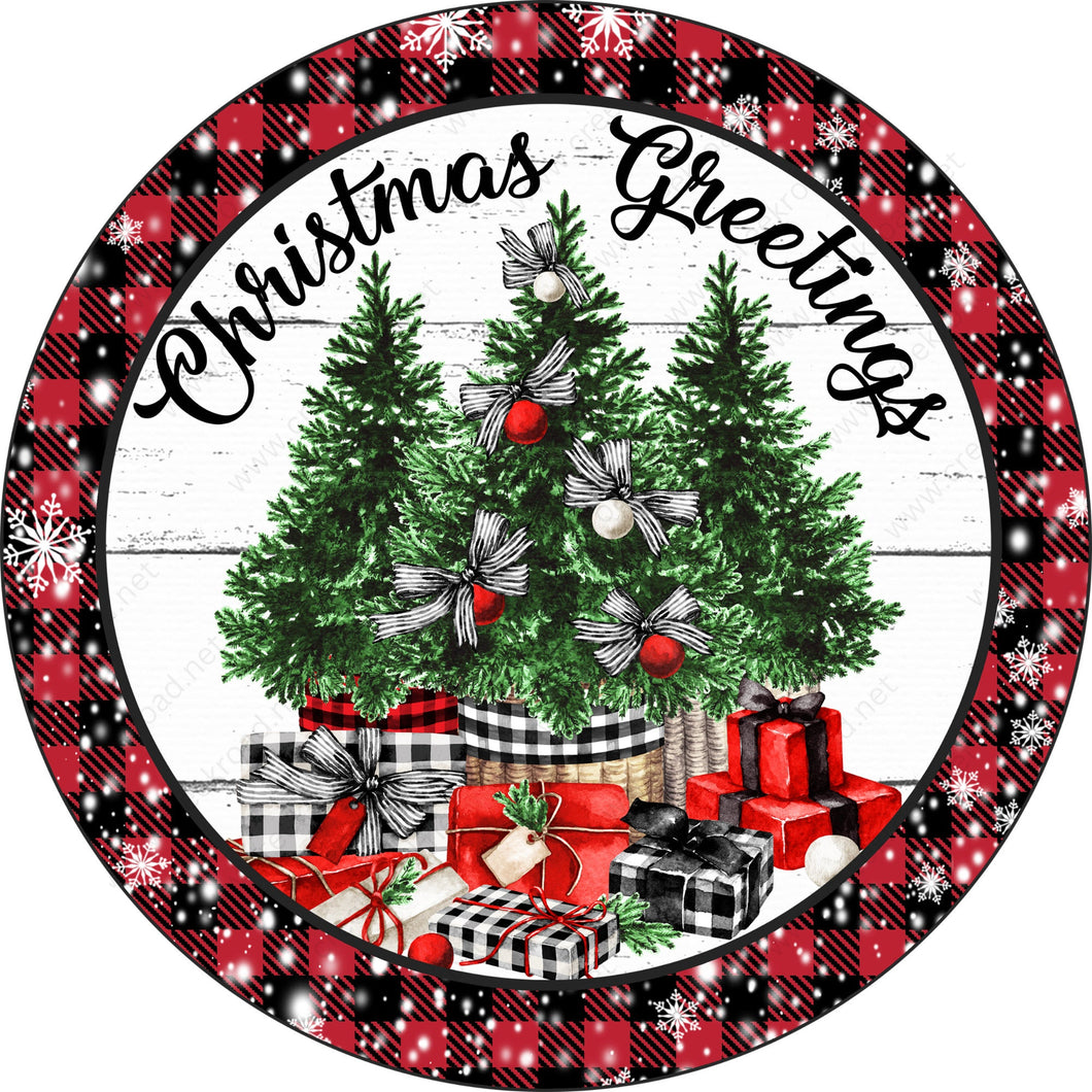 Christmas Greetings Trees with Presents Gingham Snow Border Wreath Sign-Sublimation-Round-Chistmas-Winter-Decor