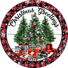 Load image into Gallery viewer, Christmas Greetings Trees with Presents Gingham Snow Border Wreath Sign-Sublimation-Round-Chistmas-Winter-Decor
