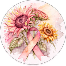 Load image into Gallery viewer, Beast Cancer Ribbon with Pink Flowers Wreath Sign-Sublimation-Awareness-Pink-Round
