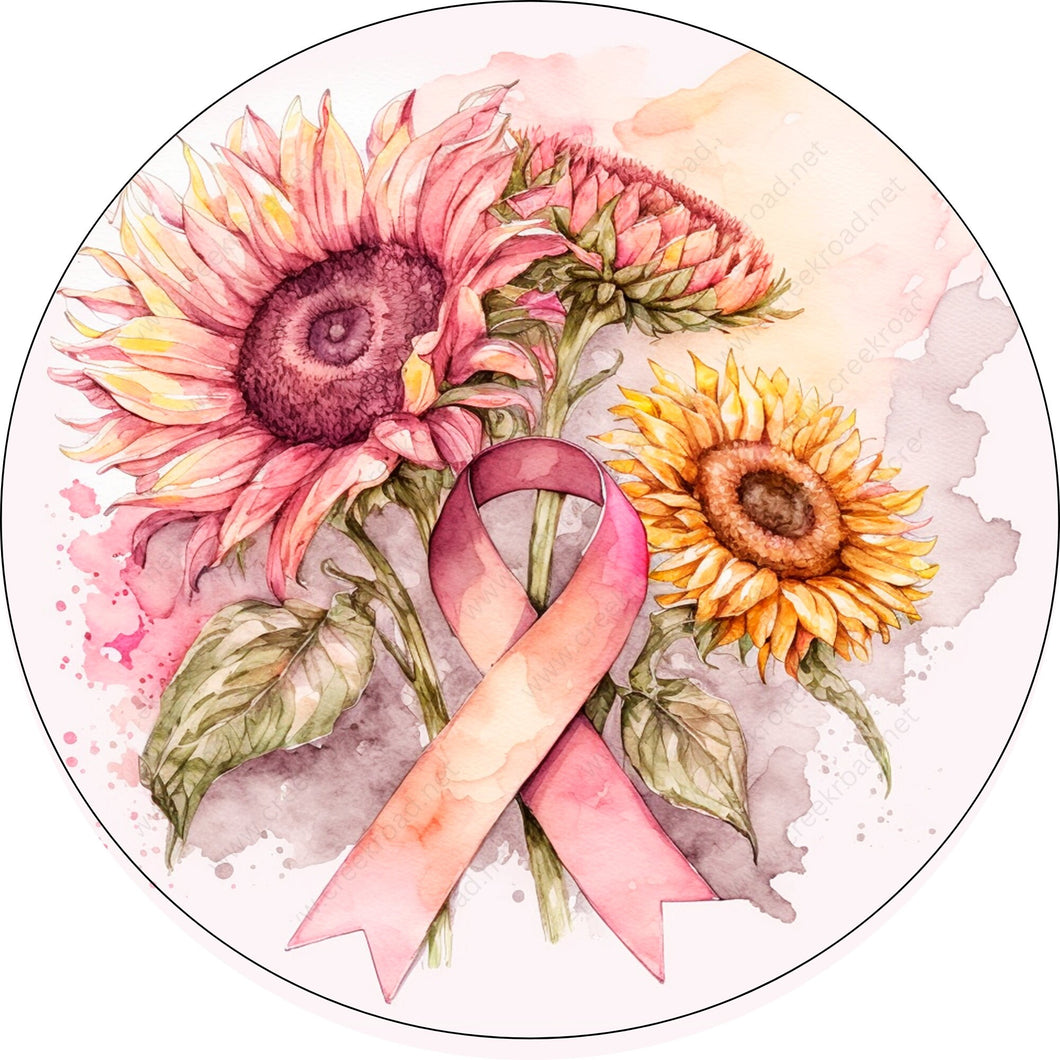 Beast Cancer Ribbon with Pink Flowers Wreath Sign-Sublimation-Awareness-Pink-Round