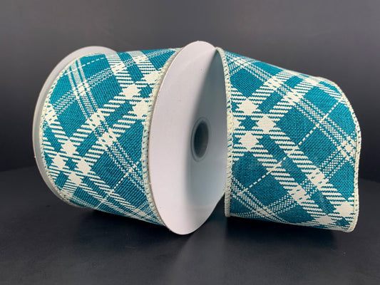 2.5" X 10Yd Wired Ribbon-Teal Cream Line Hazel Diagonal Plaid-61316-40-33-Fall
