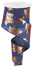 Load image into Gallery viewer, 2.5&quot; X 10Yd Wired Ribbon-Navy Foil Maple Leaf On Royal-RGC183419-Fall
