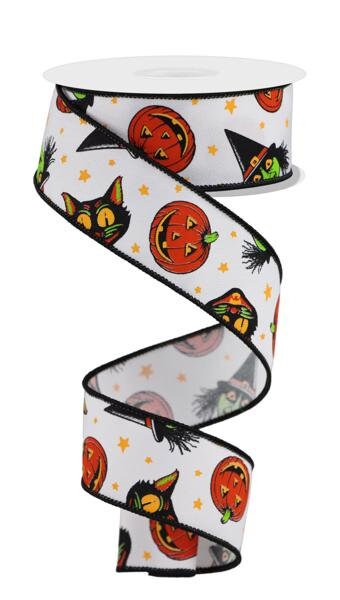 1.5" X 10Yd Wired Ribbon-Vintage Cat/Witch White-RGE182727-Halloween/Fall