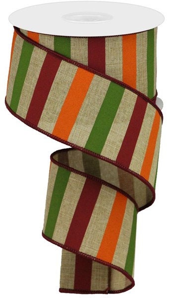 2.5" X 10Yd Wired Ribbon-Beige Moss Burgundy Horizontal Stripe On Royal -RGA123701-Fall