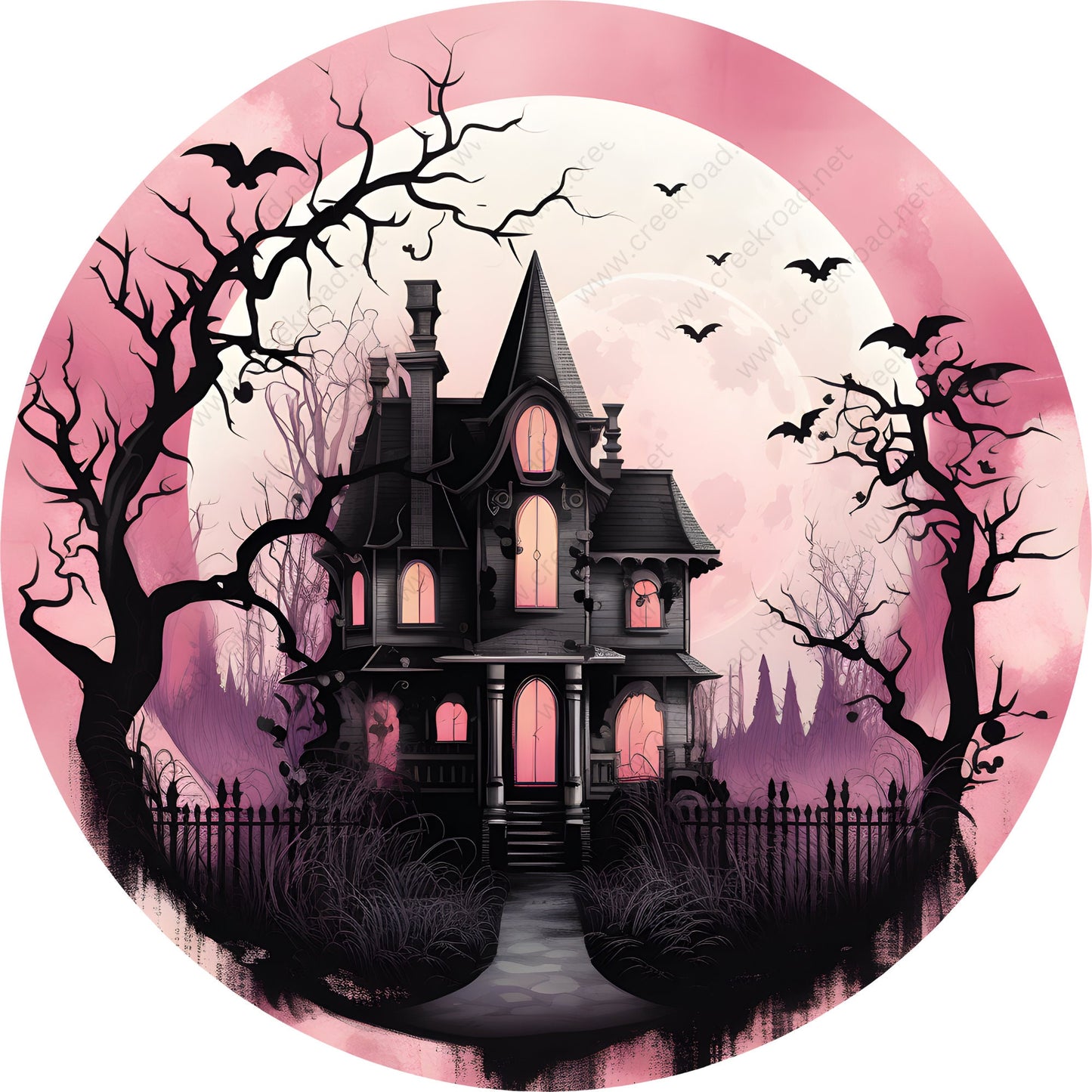 Spooky Pink Haunted House Wreath Sign-Halloween-Sublimation-Decor-Creek Road Designs