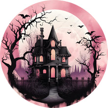 Load image into Gallery viewer, Spooky Pink Haunted House Wreath Sign-Halloween-Sublimation-Decor-Creek Road Designs
