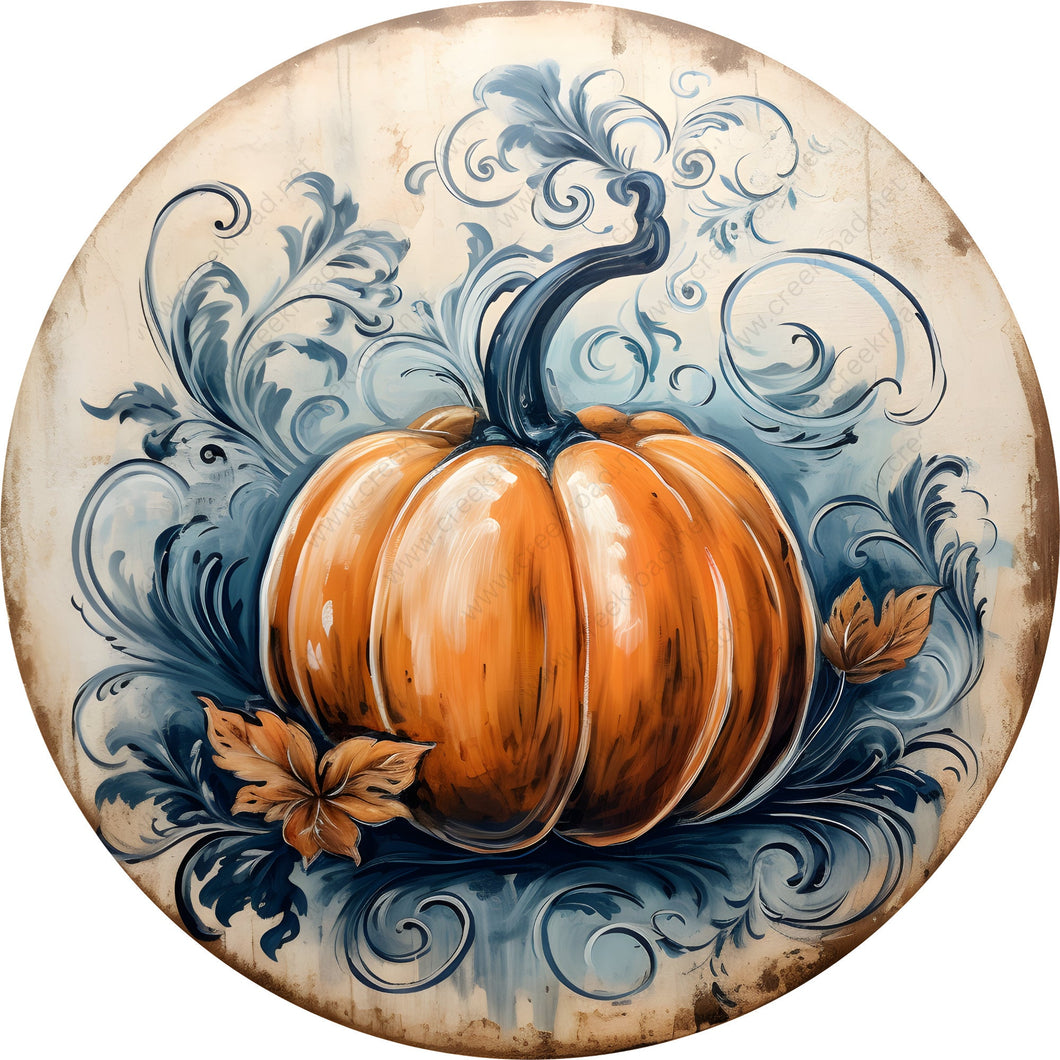 Vintage Pumpkin with Blue Background Wreath Sign-Fall-Sublimation-Attachment-Round-Creek Road Designs
