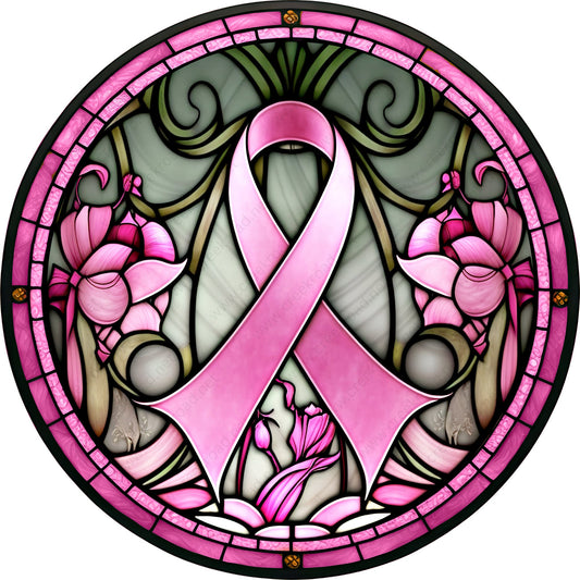 Breast Cancer Faux Stained Glass Wreath Sign-Sublimation-Awareness-Pink-Round