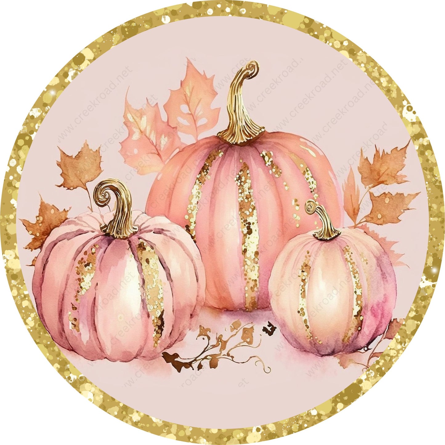 Pink Fall Pumpkin with Gold Glitter Border Wreath Sign-Fall-Sublimation-Attachment-Round-Creek Road Designs