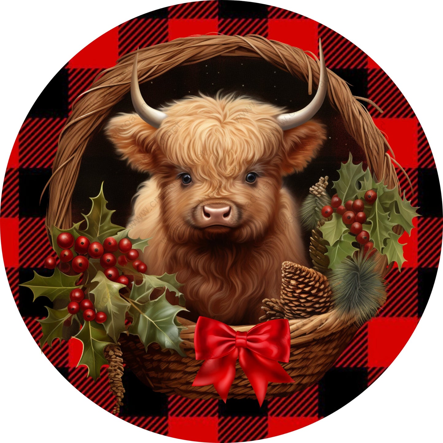 Highland Cow in Christmas Basket Buffalo Check Background Wreath Sign-Sublimation-Round-Chistmas-Winter-Decor