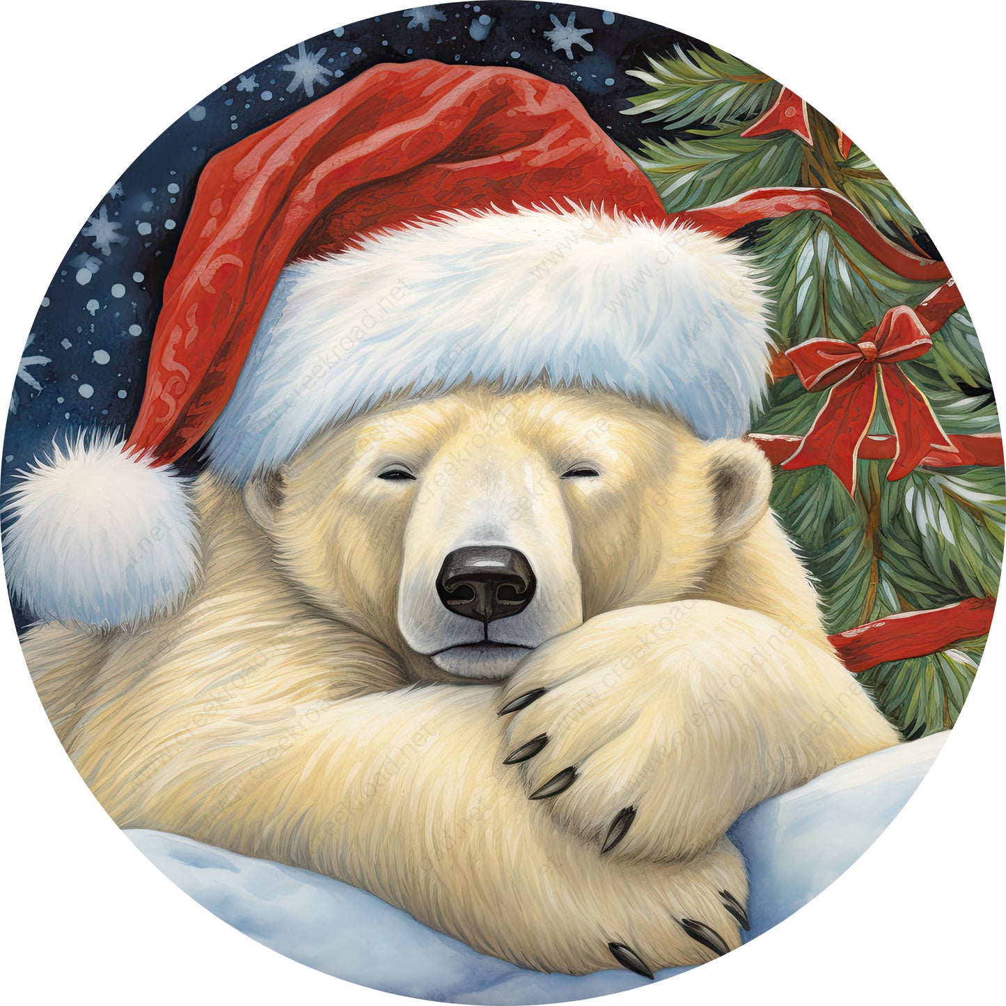 Christmas Polar Bear with Santa Hat Wreath Sign-Sublimation-Round-Christmas-Winter-Decor