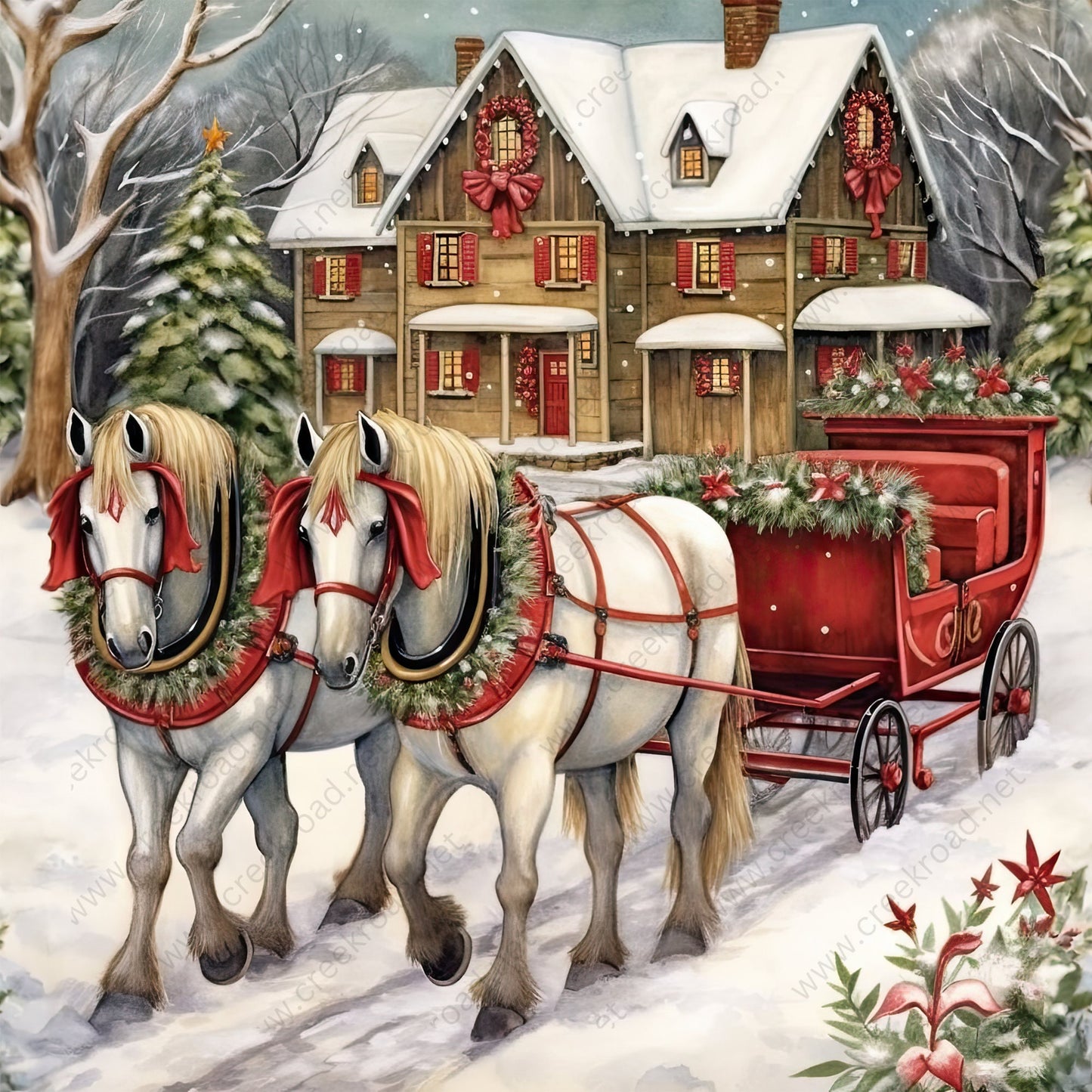 Horse Drawn Carriage in the Snow Wreath Sign 10"x10" square-Sublimation-Round-Christmas-Winter-Decor