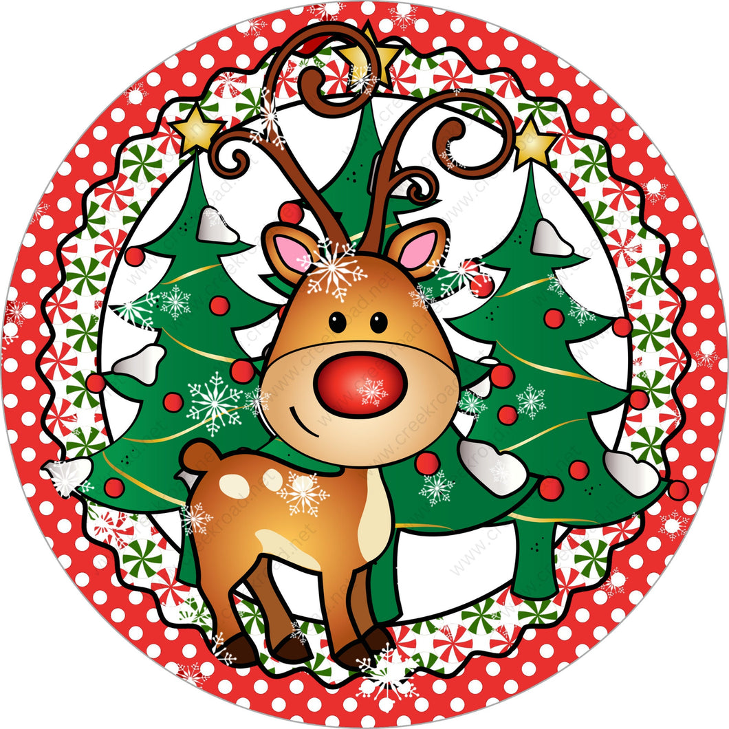Cute Red Nose Reindeer Wreath Sign No Border-Sublimation-Round-Christmas-Winter-Decor
