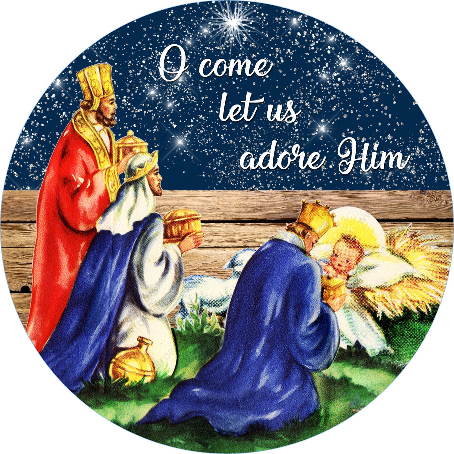 O Come Let Us Adore Him Nativity Wreath Sign-Sublimation-Round-Chistmas-Winter-Decor