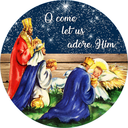 O Come Let Us Adore Him Nativity Wreath Sign-Sublimation-Round-Chistmas-Winter-Decor