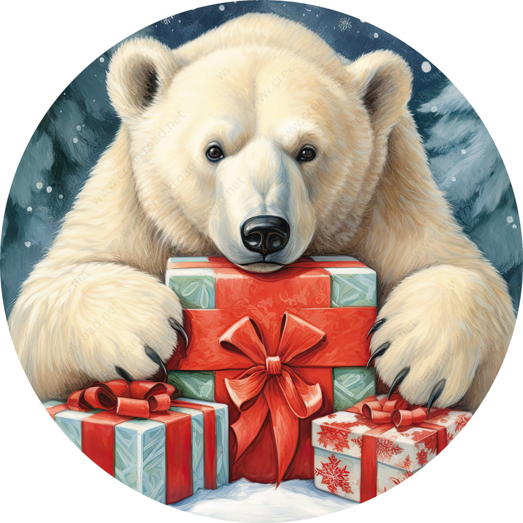 Christmas Polar Bear With Presents Wreath Sign-Sublimation-Round-Chistmas-Winter-Decor
