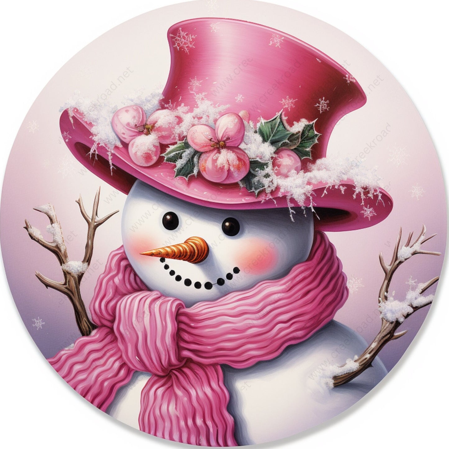 Pink Mrs. Snowman Scarf Top Hat Wreath Sign-Sublimation-Round-Christmas-Winter-Decor