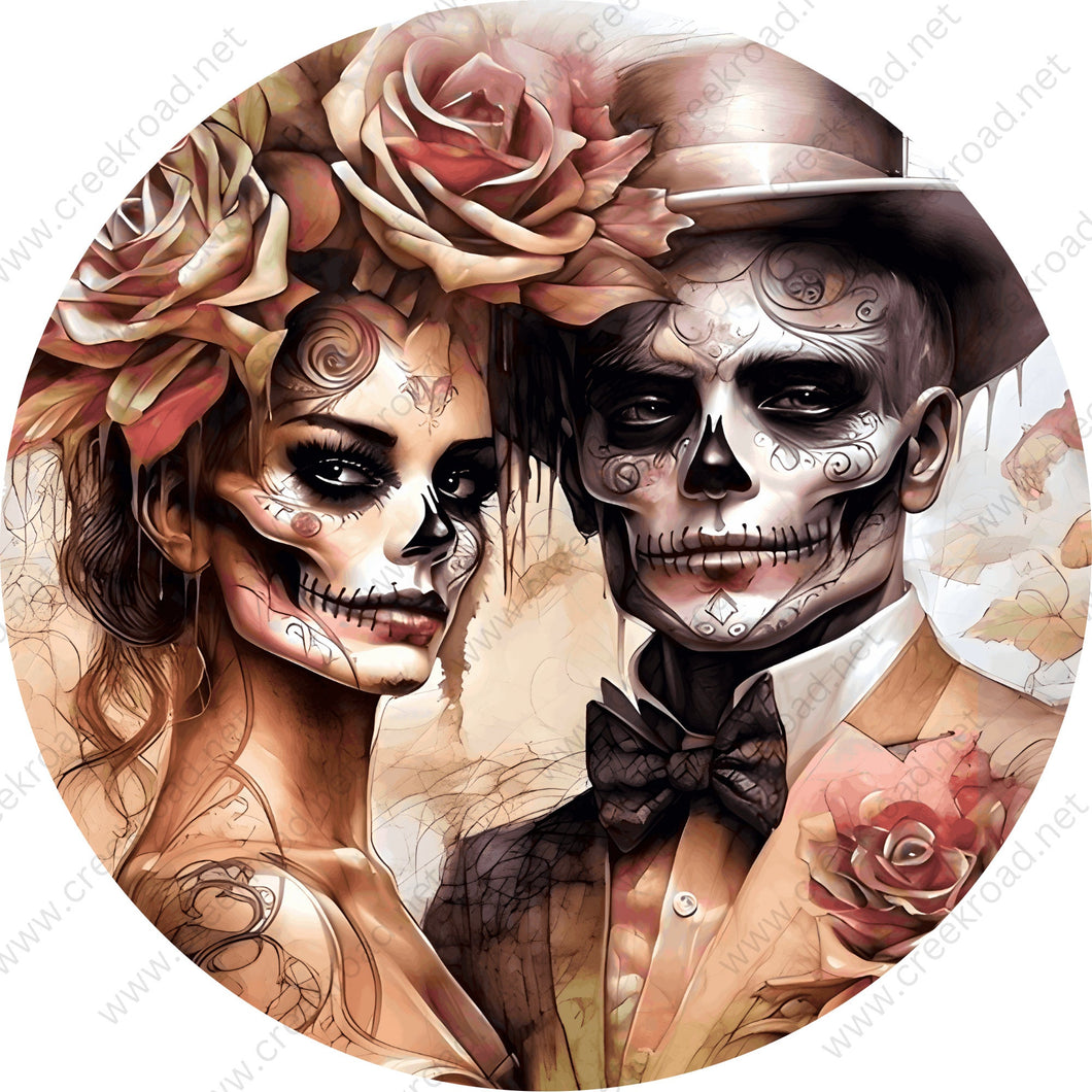 Mexican Sugar Skull Married Couple Day of the Dead Wreath Sign-Halloween-Sublimation-Decor-Creek Road Designs
