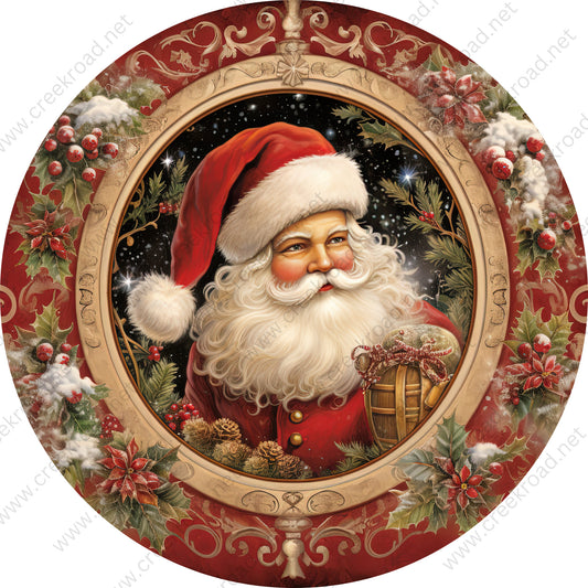 Vintage Santa Claus with Gold Red Holly Border Wreath Sign-Sublimation-Round-Christmas-Winter-Decor