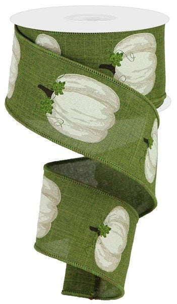 2.5" X 10Yd Wired Ribbon-Pumpkins W/Leaves On Royal Moss Green-RGA147152-Fall