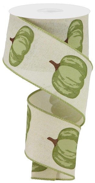 2.5" X 10Yd Wired Ribbon-Pumpkin On Royal Cream Sage-RG01729H9-Fall