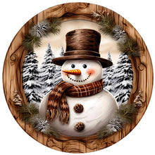 Load image into Gallery viewer, Brown Snowman with Woodgrain Evergreen Border Wreath Sign-Sublimation-Round-Christmas-Winter-Decor
