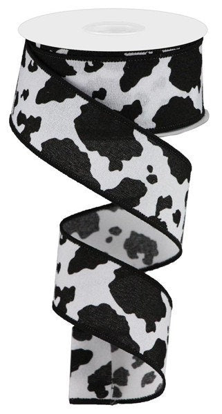 1.5" X 10Yd Wired Ribbon-Fuzzy Cow Print Ribbon White/Black-RGB137602-Everyday