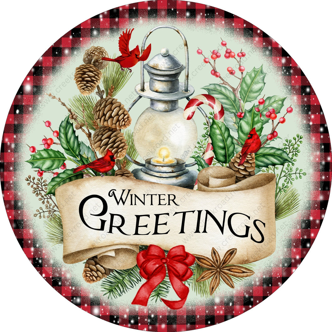 Winter Greetings Christmas Lantern Wreath Sign-Sublimation-Round-Christmas-Winter-Decor