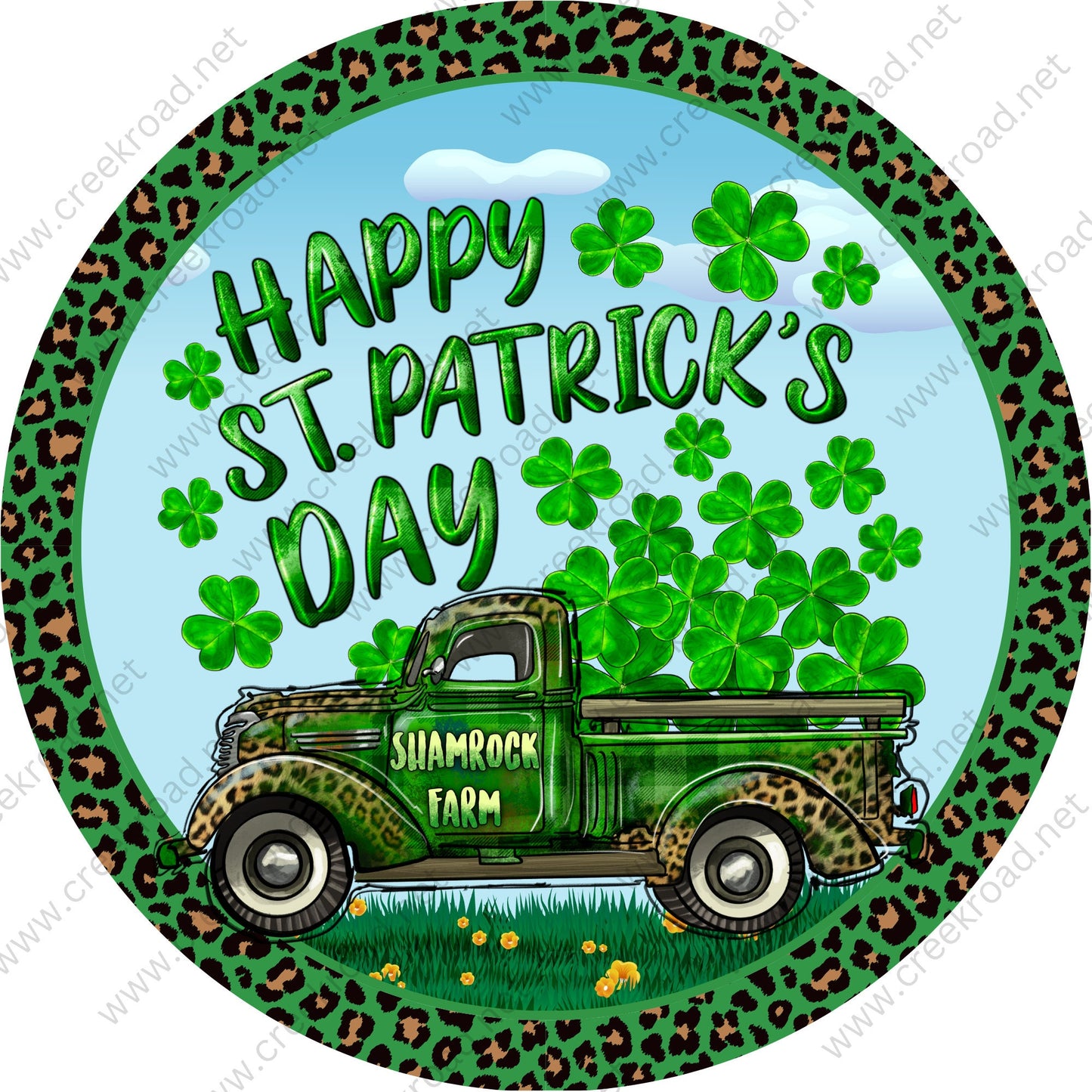 Happy St Patrick's Day Shamrock Farm Truck Green Leopard Wreath Sign - St. Patrick's- Wreath Sign - Sublimation Sign - Wreath Attachment