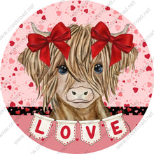 Load image into Gallery viewer, Highland Cow of Love Red Bows Love Banner with Red Pink Heart Background Valentine Wreath Sign-Door Decor-Valentine Wreath Sign
