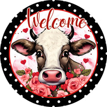 Load image into Gallery viewer, Welcome Valentines Cow Hearts Polka Dot Border Wreath Sign-Aluminum-Decor
