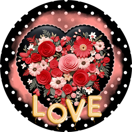 Valentines Heart of Flowers Love Black White Polka Dot Wreath Sign-Decor