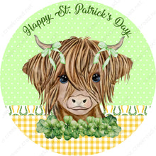 Load image into Gallery viewer, Happy St. Patrick&#39;s Day Lucky Highland Cow Yellow White Checkered Green White Polka dots Wreath Sign-Sublimation-Decor-Attachment-Decor
